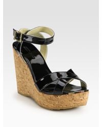 Jimmy Choo | Black Papyrus Patent Leather And Cork Wedge Sandals | Lyst