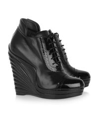 Saint Laurent | Black Leather and Patent-leather Wedge Ankle Boots | Lyst