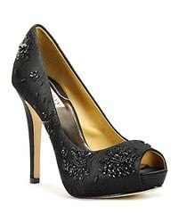 Badgley Mischka | Black Beaded Lace Open Toe Pump | Lyst