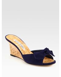 Manolo Blahnik | Blue Suede and Cork Wedge Slide Bow Sandals | Lyst