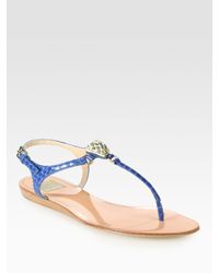Dolce Vita | Blue Isolde Embellished Snake-print Leather Thong Sandals | Lyst