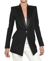 Balmain | Black Satin Peaked Lapel Cool Wool Jacket | Lyst