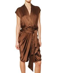 Lanvin | Brown Draped Washed Silk Satin Dress | Lyst