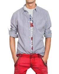 Balmain | Blue Logo Plaque Striped Poplin Shirt for Men | Lyst