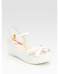 Prada | White Patent Leather Criss-cross Wedge Sandals | Lyst
