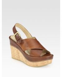 Stuart Weitzman | Brown Exhale Leather Slingback Cork Wedge Sandals | Lyst
