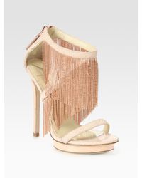 B Brian Atwood | Pink Cassiane Snake-print Leather Fringe Sandals | Lyst