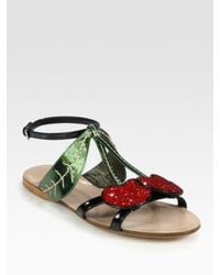 Miu Miu | Black Glitter Cherry Metallic Leather and Patent Leather Sandals | Lyst
