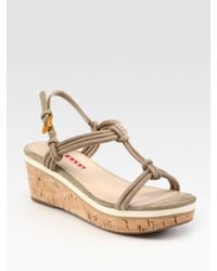 Prada | Natural Suede T-strap Wedge Sandals | Lyst