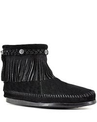 Minnetonka | Hi Top Back Zip - Black Suede Fringe Bootie | Lyst