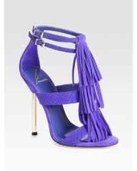 B Brian Atwood | Purple Luciana Snake-print Leather and Suede Fringe Sandals | Lyst