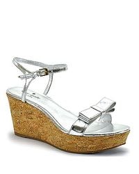 kate spade new york | Silver Metallic Bow Cork Wedge Sandal | Lyst