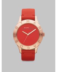 Marc By Marc Jacobs | Rose Goldtone Ion-plated Logo Matte Leather Watch/red | Lyst