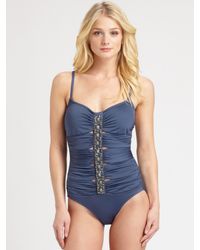 Badgley Mischka | Blue One-Piece Lingerie-Strap Swimsuit | Lyst