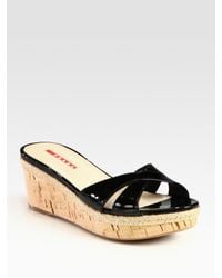 Prada | Black Patent Leather Cork Wedge Slides | Lyst