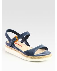 Prada | Blue Suede and Micro-foam Flat Sandals | Lyst