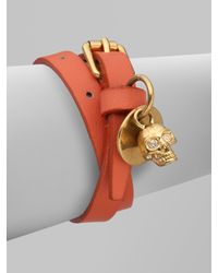 Alexander McQueen | Brown Skull Accented Double Wrap Leather Bracelet | Lyst