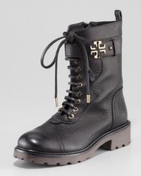 Tory burch Toby Tumbled Leather Combat Boot in Black | Lyst