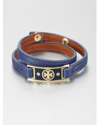 Tory Burch | Blue Logo Plaque Double Wrap Leather Bracelet | Lyst