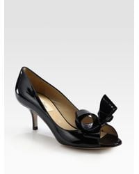 Valentino | Black Patent Leather Peep Toe Bow Pumps | Lyst