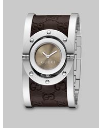 Gucci | Brown Stainless Steel & Leather Cuff Watch | Lyst