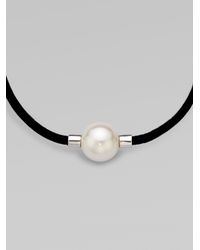 Majorica | Black 12mm Round White Pearl Leather Necklace | Lyst
