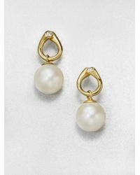 Georg Jensen | Metallic White Freshwater Pearl, Diamond And 18K Yellow Gold Drop Earrings | Lyst
