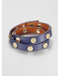 Tory Burch | Blue Double Wrap Logo Studded Leather Bracelet | Lyst