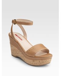 Prada | Natural Cork Wedge Sandals | Lyst
