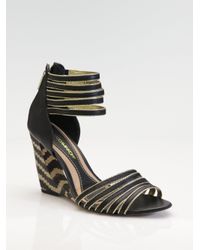 Rebecca Minkoff | Black Metallic-edged Strappy Wedge Sandals | Lyst
