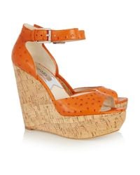 MICHAEL Michael Kors | Orange Ariana Ostrich-effect Leather Wedge Sandals | Lyst