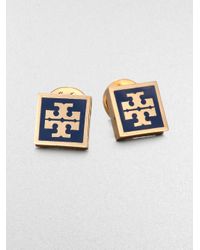 Tory Burch | Blue Enamel Square Logo Button Earrings | Lyst