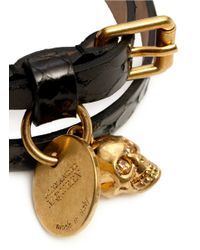 Alexander McQueen | Black Skull Double Wrap Leather Bracelet for Men | Lyst