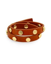 Tory Burch | Brown Logo Stud Leather Double-wrap Bracelet | Lyst