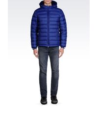 Armani Jeans | Blue Hooded Down Jacket In Technical Fabric for Men | Lyst