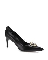 Gucci | Black Gg Sparkling Crystal & Faux Pearl Logo Leather Pumps | Lyst