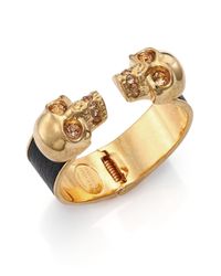 Alexander McQueen | Metallic Leather-Inset Double Skull Cuff Bracelet | Lyst