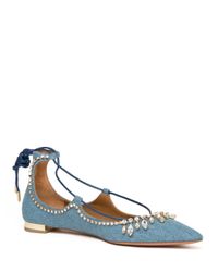 Aquazzura | Blue Christy Crystal Denim Flats | Lyst