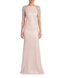 Badgley mischka Embellished Raglan-sleeve Gown in Pink | Lyst