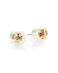 Tory Burch | White Evie Faux Pearl Logo Stud Earrings/goldtone | Lyst