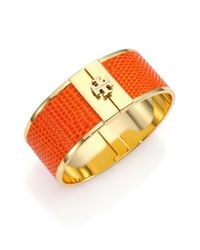 Tory Burch | Orange Skinny Lizard-Embossed Leather-Inlay Cuff Bracelet | Lyst
