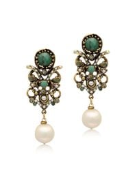 Alcozer & J | Metallic Golden Brass Glass Pearl and Emerald Earrings | Lyst