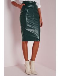 Missguided Back Split Faux Leather Midi Skirt Khaki in Green | Lyst