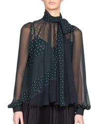 Sacai | Blue Luck Heart-print Tie-neck Blouse | Lyst