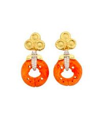 David Webb | Multicolor Coral Earrings - Carved Coral, Brilliant-cut diamonds, Hammered 18k Gold, And Platinum | Lyst