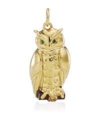 Monica Rich Kosann | Metallic 18k Yellow Gold Owl "wisdom" Charm With Green Tourmaline Eyes And Brown Obsidian Branch | Lyst