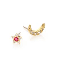 Elizabeth and James | Red Nova Ruby & White Topaz Asymmetrical Moon Star Stud Earrings | Lyst