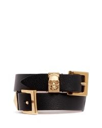 Alexander McQueen | Black Three Buckle Double Wrap Skull Leather Bracelet | Lyst