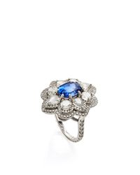 Nina Runsdorf | Blue 18k White Gold Sapphire and Rose Cut Diamond Ring Double Row Pave Diamonds | Lyst