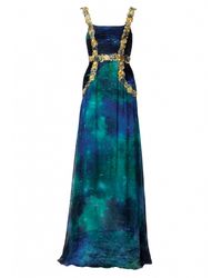 Matthew Williamson | Blue Sapphire Patina Galaxy Embroidered Ruched Gown | Lyst